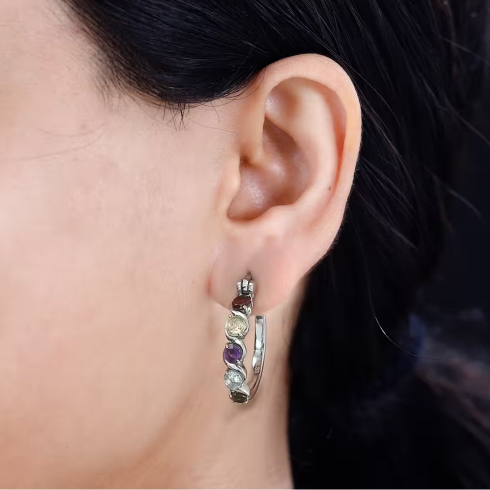 Multi Gemstone 2.60ctw Hoop Silver Earrings in Stainless Steel - Picture 2 of 8